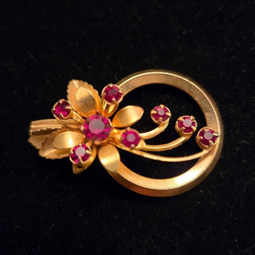 Vintage Gold Flower Red Rhinestone Brooch Pin